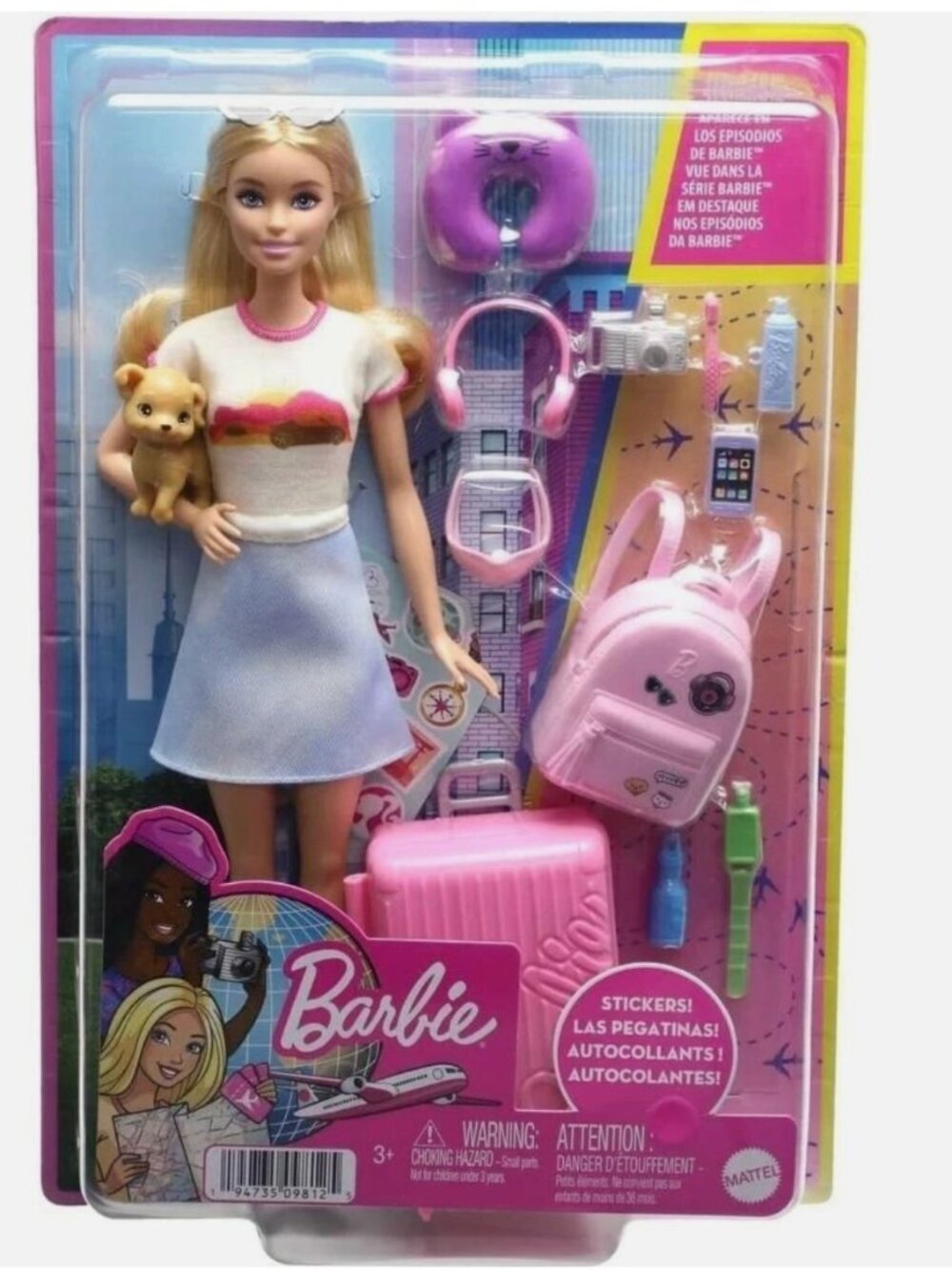 Mattel Barbie Malibu Travel Doll Set w/ Puppy & 10+ Pieces Pink Working Suitcase